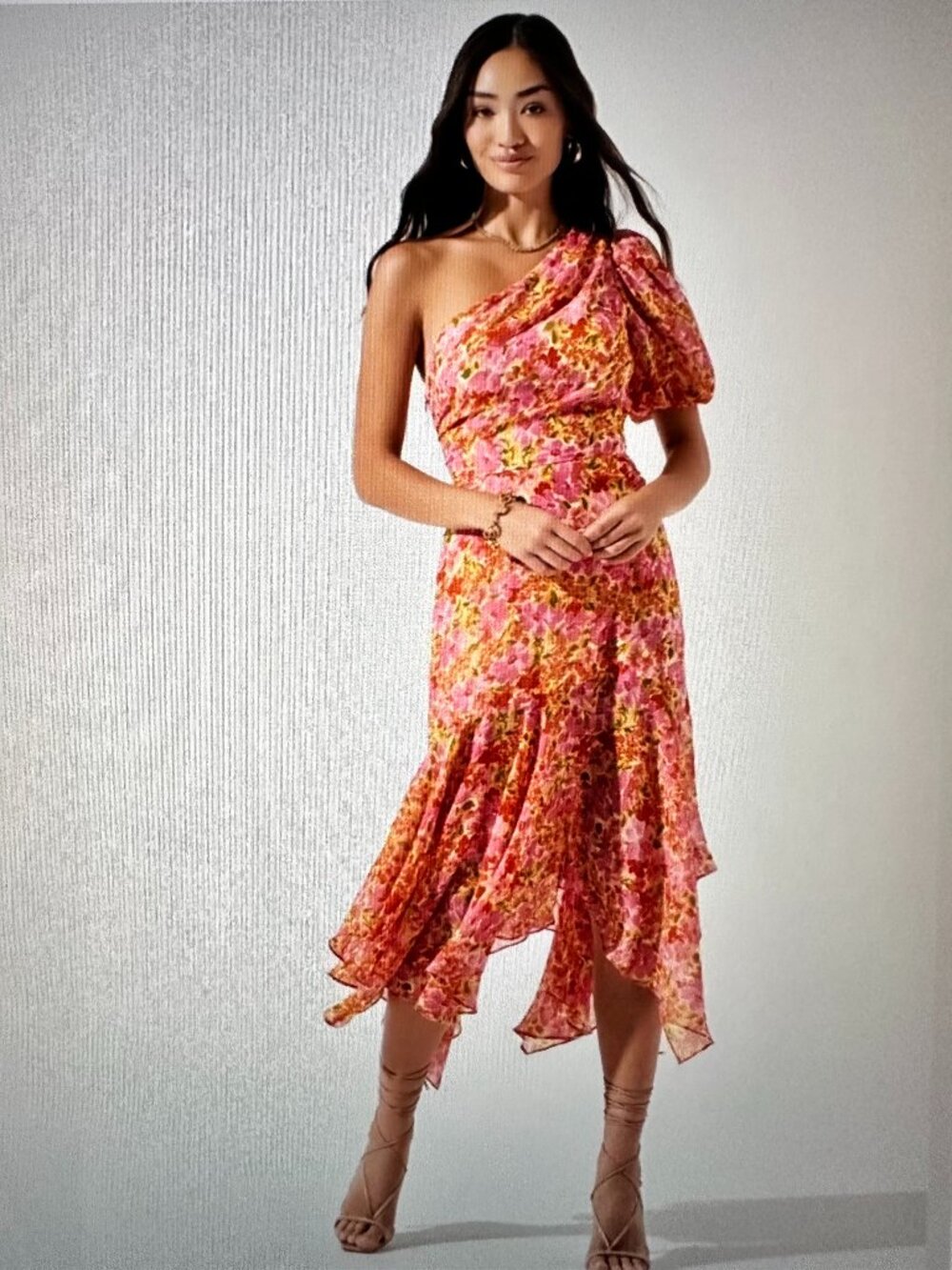 ASTR the Label Santorini Pink Orange Floral One Shoulder Midi Dress Size Small S